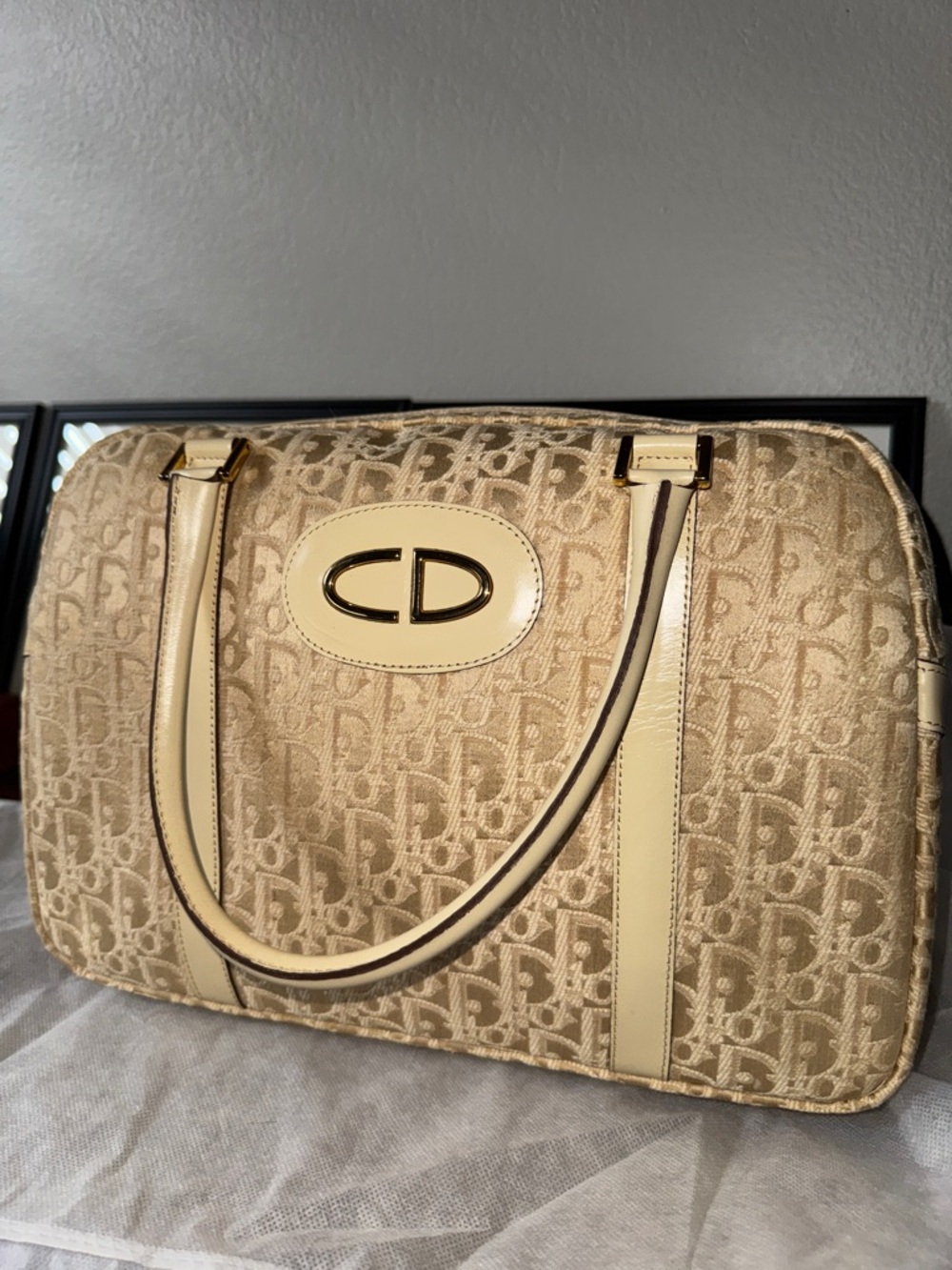 Christian Dior Monogram Canvas Boston Bag with Cream Leather Trim